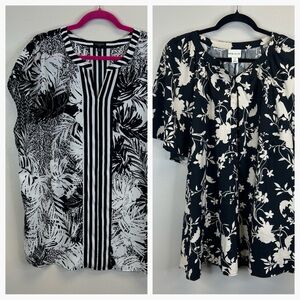 Bundle of 2 Black White Blouses Talbots Ava&Viv Womens 2X Floral Summer Travel